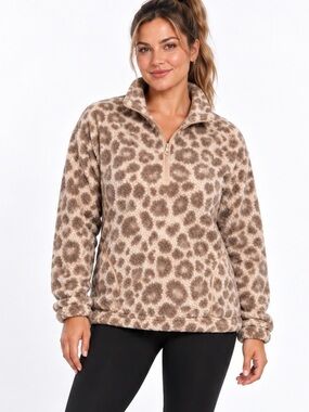 Ripzone Brown Cream Animal Leopard Print Sherpa Quarter-Zip Fleece Pullover – Pl